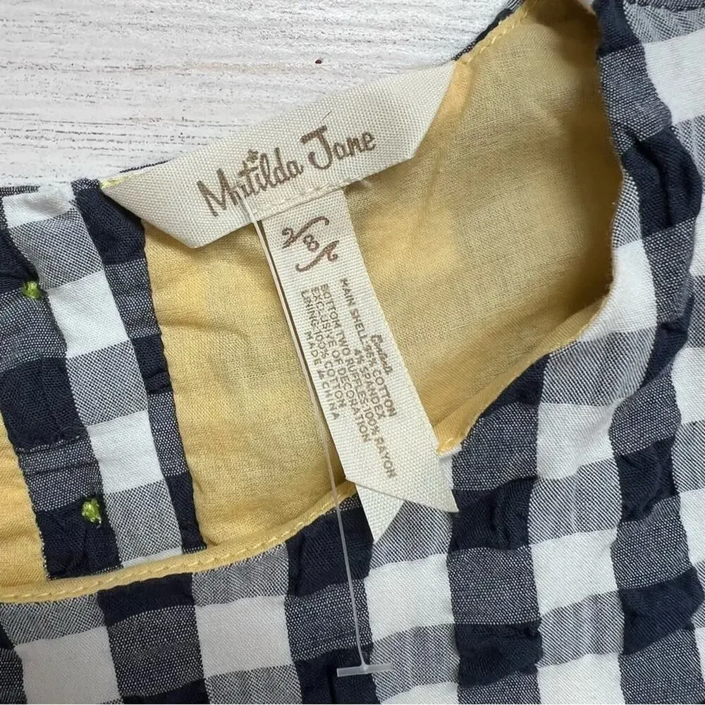 Matilda Jane Dress Girls 8 Navy Gingham Floral Long Sleeve Ruffle Cottagecore